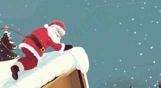 冬天圣诞老人屋顶带礼物，雪花雪屋，圣诞节卡通扁平插画