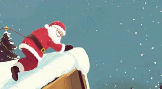 冬天圣诞老人屋顶带礼物，雪花雪屋，圣诞节卡通扁平插画