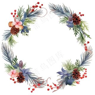 花环圣诞花环松球水彩免抠