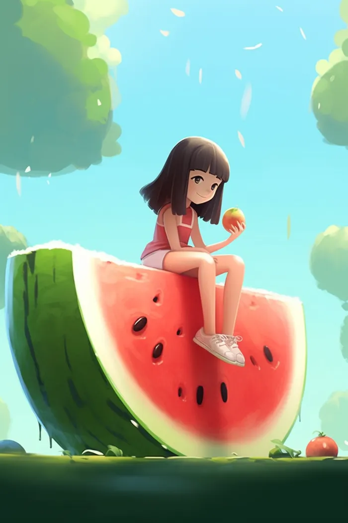 夏日坐着西瓜的少女插画素材(x)