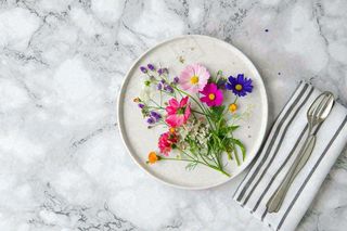 鲜花彩色花朵碟子摆盘简约摄影图