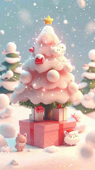 冬天圣诞树有小猫可爱，雪球雪花圣诞节