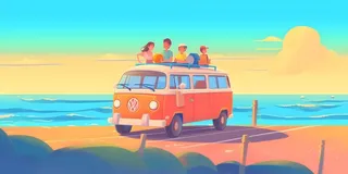 开车旅行海边公路天空云朵插画背景