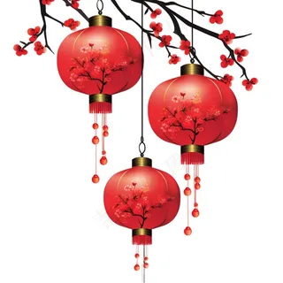 红灯笼挂梅花树梢插画免抠