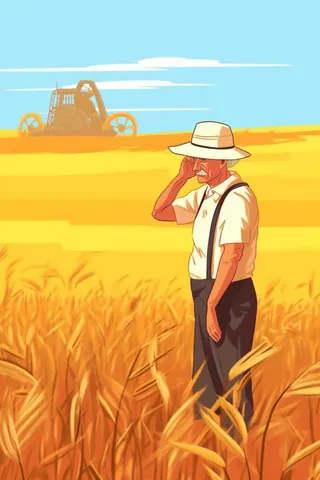 秋季丰收金色麦田农民伯伯插画背景