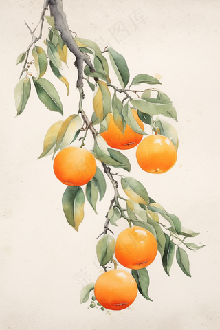 橘子树枝水彩插画素材 