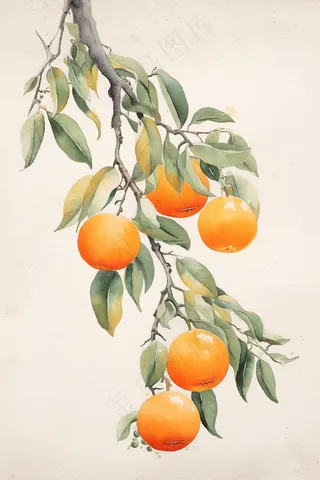 橘子树枝水彩插画素材 