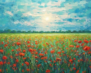 阳光明媚的蓝色田野红色的鲜花油画背景