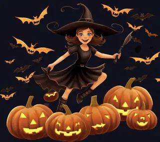 万圣节女巫南瓜灯蝙蝠恐怖卡通插画背景
