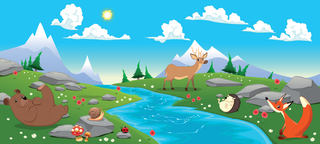 卡通动物小河蓝天