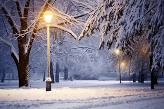 冬天路灯暖光下的街景摄影图