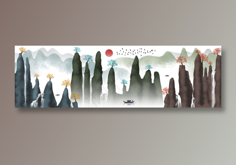 中国风水墨画山水花鸟树木帆船日出客厅卧室玄关画酒店装饰画高清背景图