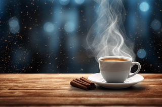 下雪天窗台的咖啡咖啡杯冒着热气摄影图
