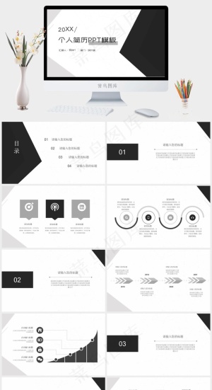黑白灰简约个人简历PPT模板预览图