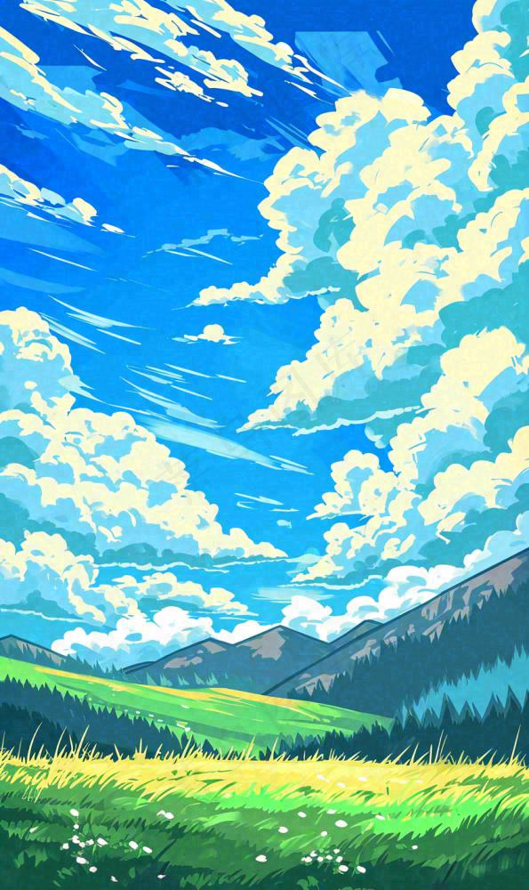 蓝天白云草地山脉插画手绘(848x1424)