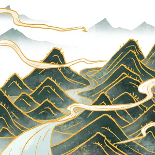 中国风国潮山水插画祥云中式手绘烫金线条元素png装饰背景PSD素材