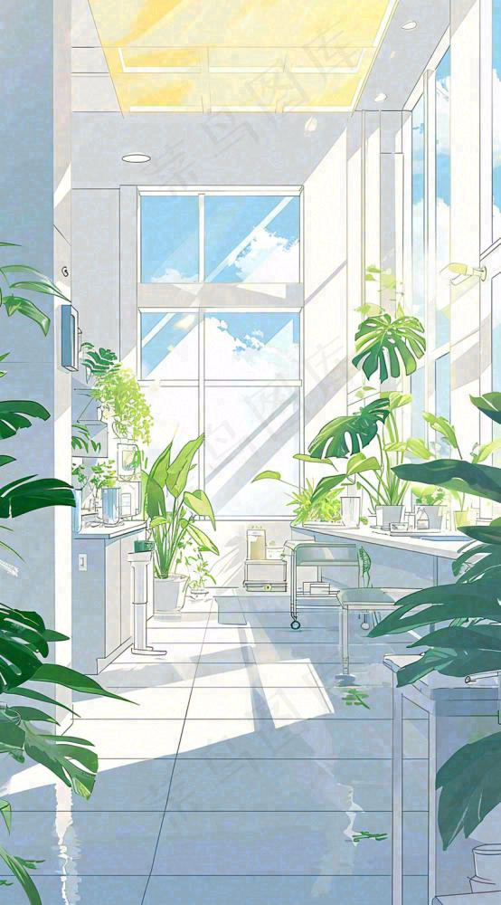 夏天明媚的阳光洒进办公室绿色的植物在办公室走廊上，线性插画手绘(816x1472)