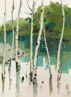 吴冠中手绘湖畔树木美景装饰画 吴冠中手绘湖畔树木美景装饰画