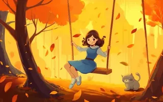 秋天女孩在树上荡秋千黄色落叶插画背景