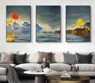 新中式山水花鸟水墨复古中国风背景高清图客厅卧室装饰画玄关画