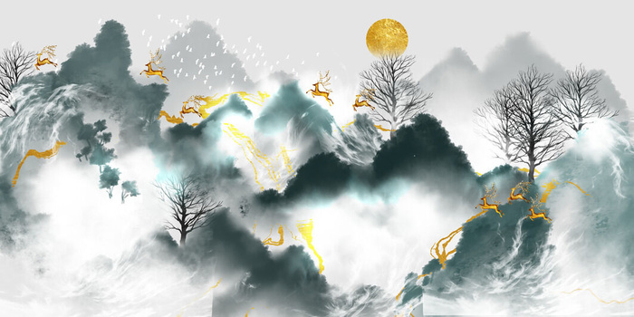 水墨山水金鹿背景