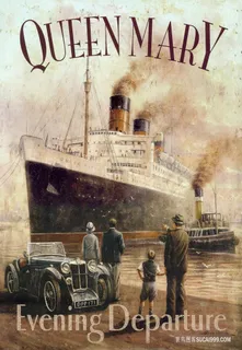 游轮港口风景画油画