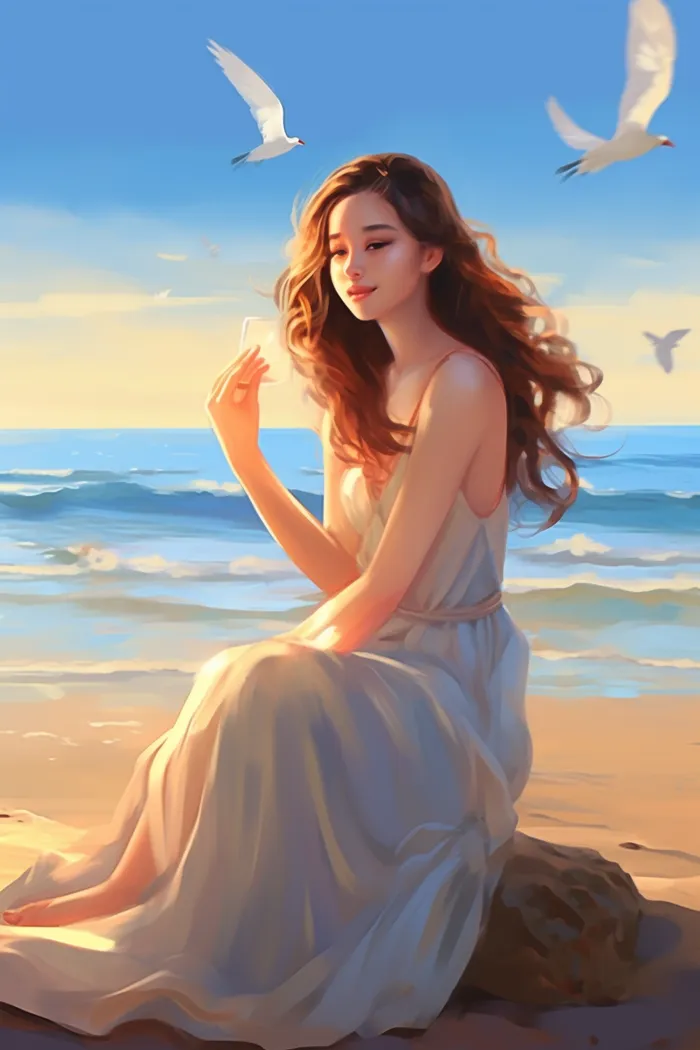 夕阳下少女坐着沙滩上海浪海鸥插画素材背景(x)