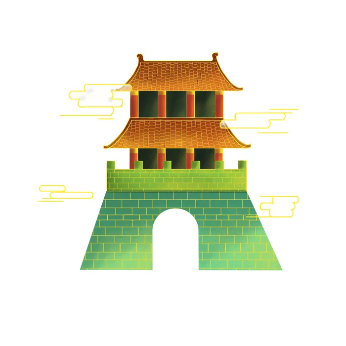 复古中国风国潮古建筑插画手绘高楼古塔PSD素材亭子png免抠图psd模版下载