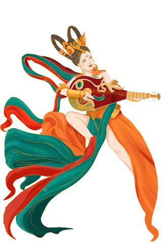 手绘国潮中国风古代敦煌神话飞天仙女美女古装人物插画PSD素材