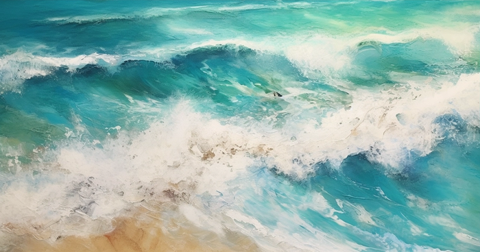 海浪拍打沙滩的水彩插画背景(4560x2400)