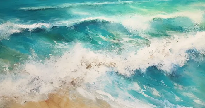 海浪拍打沙滩的水彩插画背景(4560x2400)
