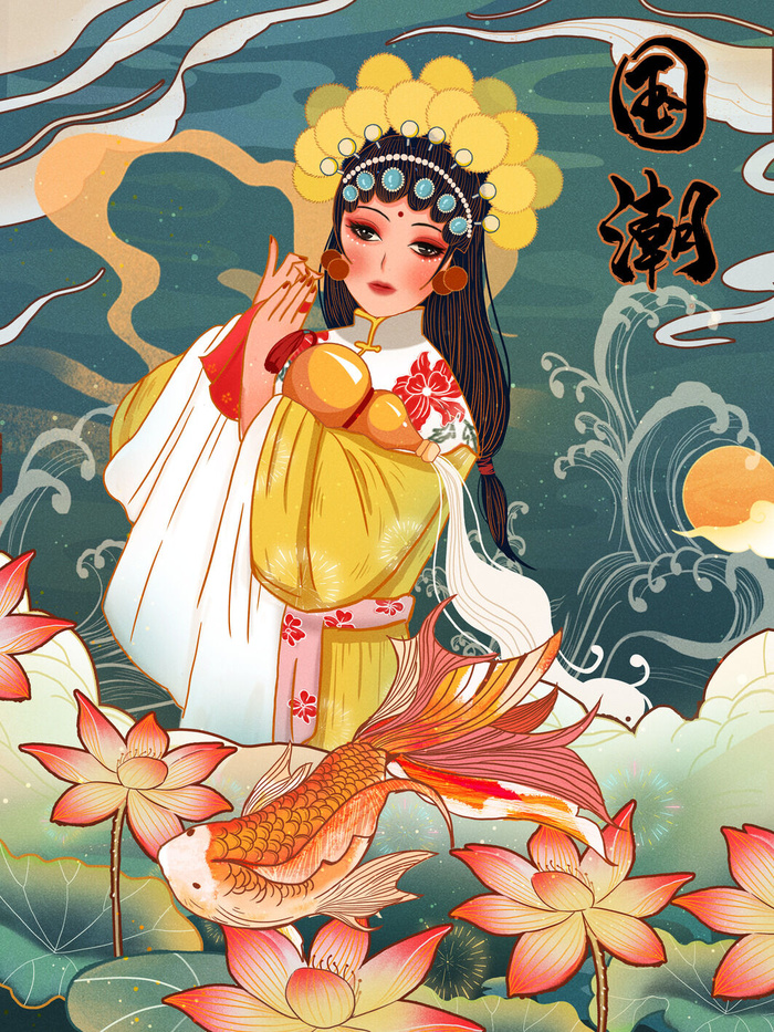 手绘中国风国潮京剧戏曲人物插画古风国粹花旦ai矢量ps设计素材图