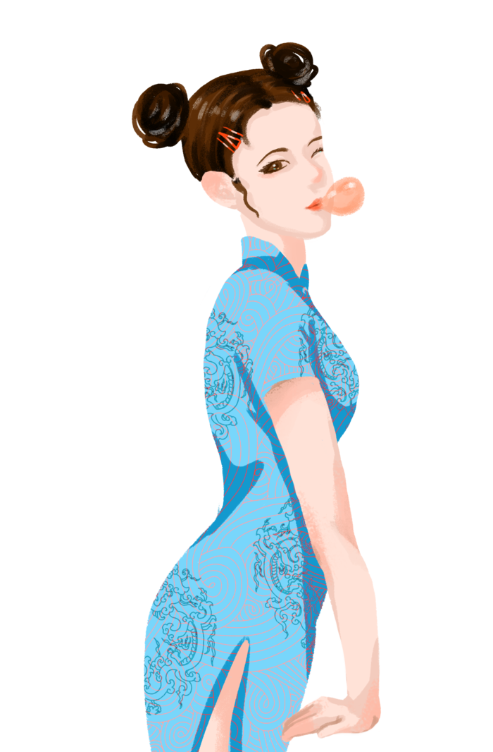 国潮旗袍吹泡泡美女俏皮女生淘气人物插画