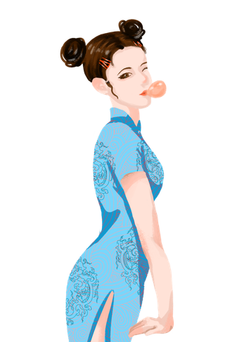 国潮旗袍吹泡泡美女俏皮女生淘气人物插画