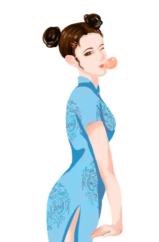 国潮旗袍吹泡泡美女俏皮女生淘气人物插画
