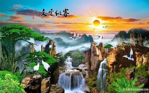 客似云来风景字画高清分辨率喷绘打印办公室挂画素材山水花草