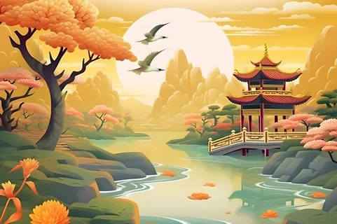 国潮花朵仙鹤云间背景