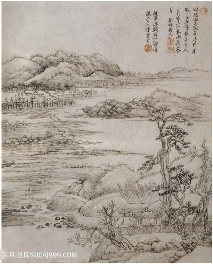 清代巨然仿古画册山庄霁霭国画图片