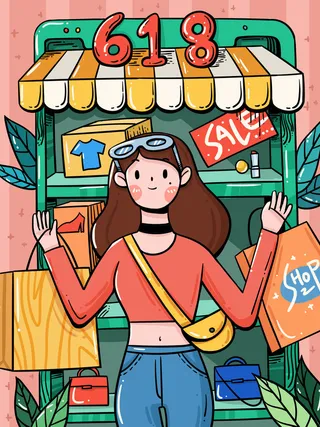 手绘618年中狂欢促销插画海报