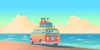 开车旅行海边公路天空云朵插画背景