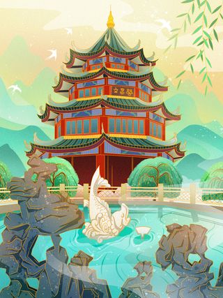 中国风国潮古建筑地标城市古风建筑阁楼印象地标手绘插画PSD素材