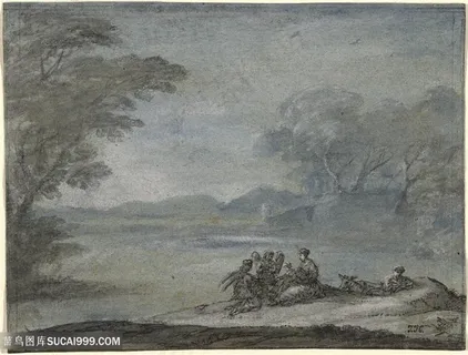 湖畔人物风景画装饰画