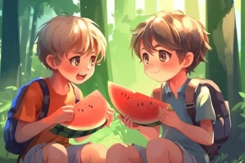 夏日卡通插画儿童吃西瓜动漫风背景