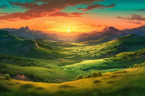 绿色田野在美丽的日落霞光下长出杂草在的阳光明媚的山景插画背景