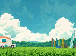 春天夏日清新草坪房车旅行露营玩耍手绘插画