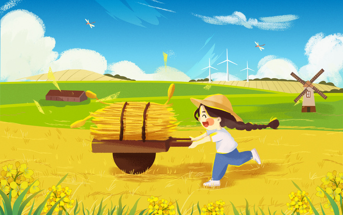节气秋天农民丰收稻田手绘插画海报