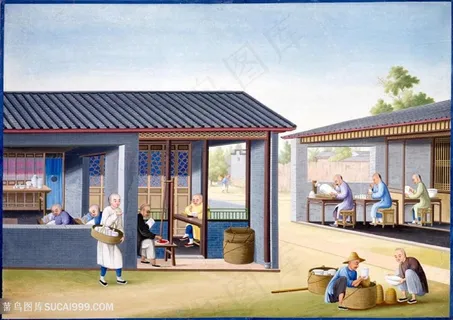 古代瓷器厂集市贸易场景绘画图片 古代瓷器厂集市贸易场景绘画图片