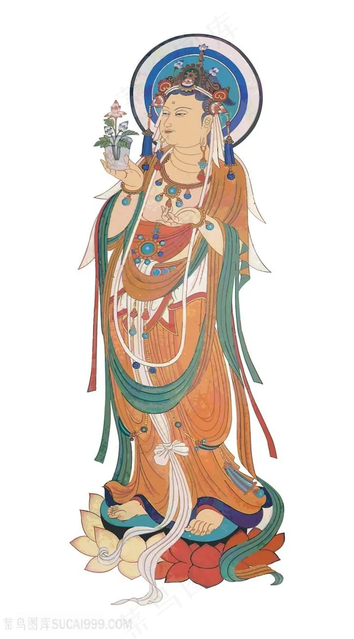 手捧奇异花朵慈悲的敦煌菩萨矢量壁画