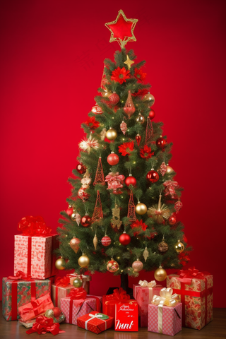 圣诞树礼物节日红色墙摄影图