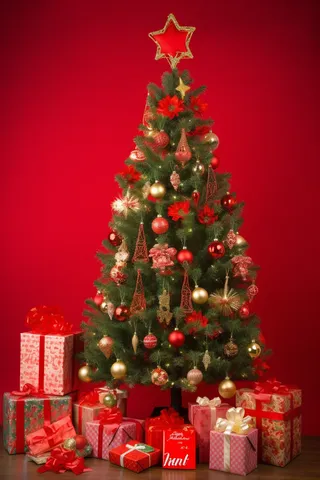 圣诞树礼物节日红色墙摄影图